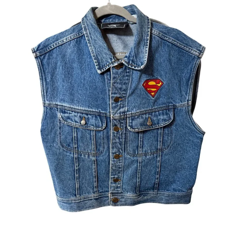 Vintage DC Superman Denim Vest Medium Mens Embroidered Man Of Steel Design - Picture 1 of 7